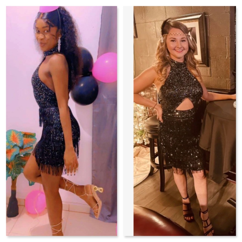 Black Sequined Tassel Cut Out Mini Short Dress Halter Neck - Picture 11 of 14